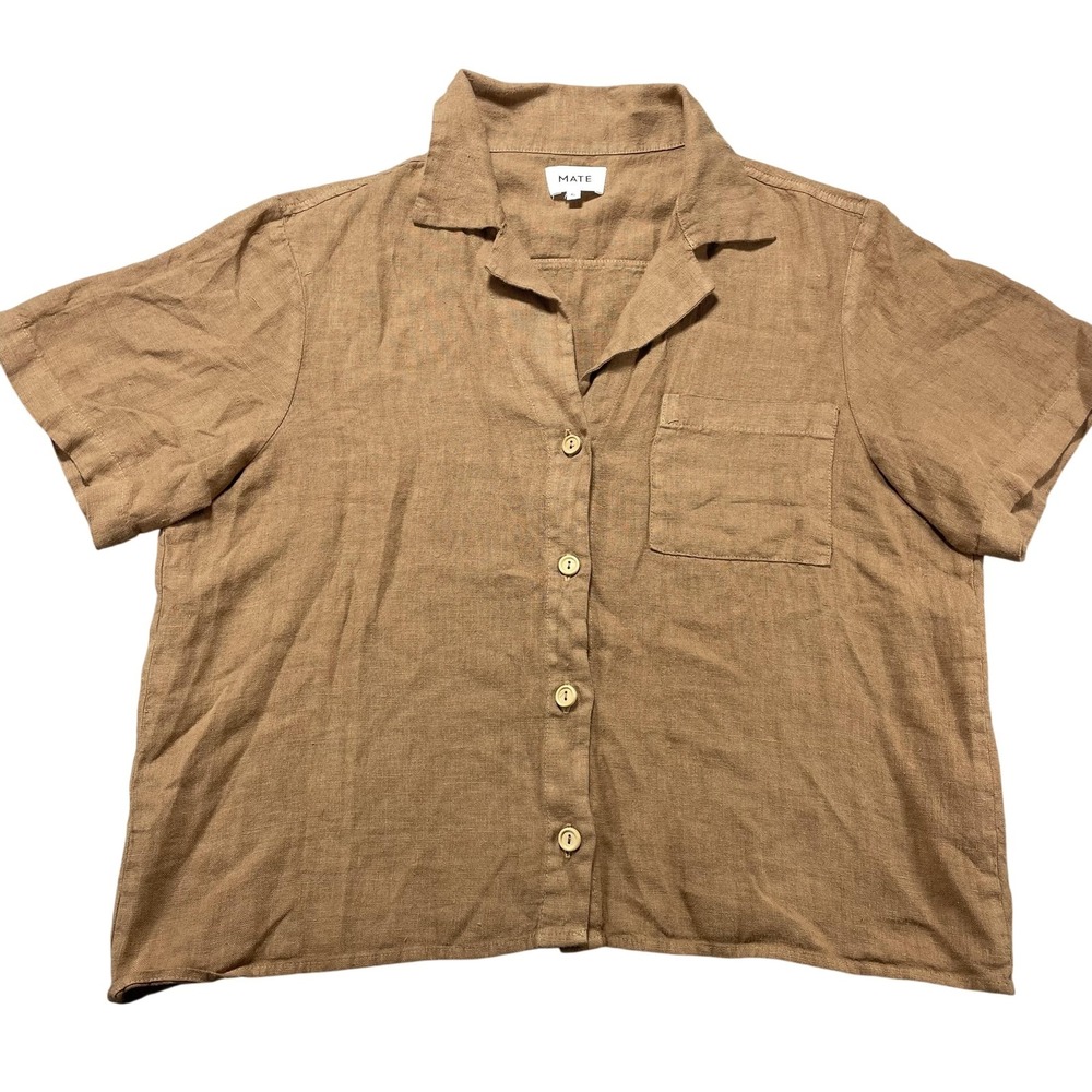 MATE Shirt Womens XL Brown Linen Short Sleeve Button Up Camp Collar Top Fall